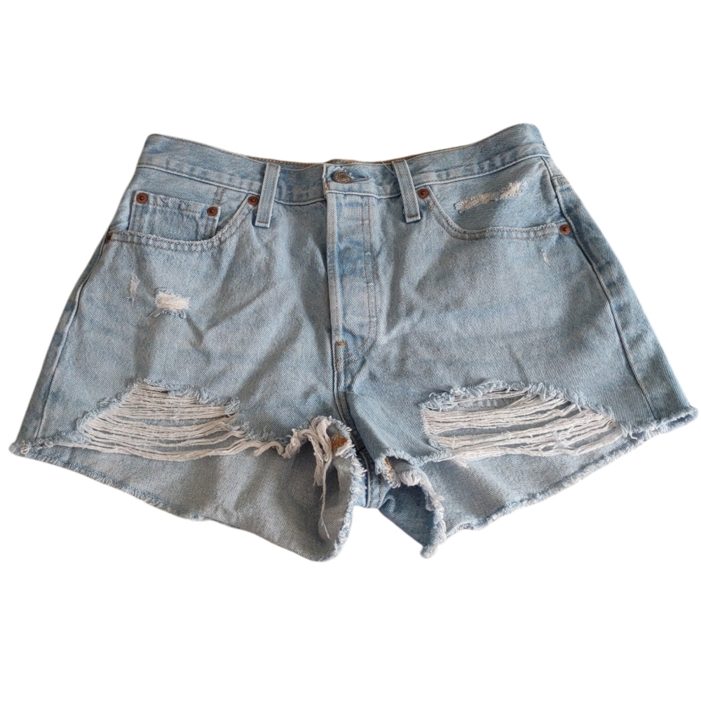 Levi's 501 Women's Shorts Blue Distressed Denim Jean 29